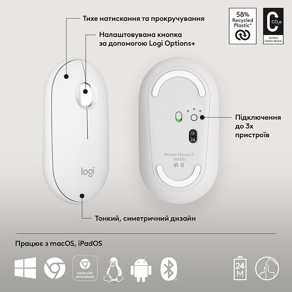Фото - Миша бездротова Logitech Pebble Mouse 2 M350s White Bluetooth (910-007013)
