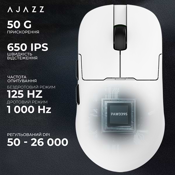 Фото - Миша бездротова ігрова Ajazz AJ159PRO -3 Mod-White-Pixart 3395-8K (AJ159-PRO-W)