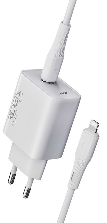 Мережевий зарядний пристрій Ridea Rapid Pro 1USB-C QC/PD 20W+Type-C to Lightning White (RW-20125)