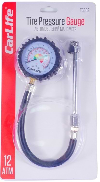 Фото - Манометр автомобильный CarLife 12 Атм, металлический, гибкий шланг, двойной зажим (TG582)