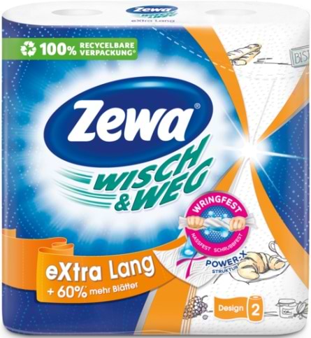 Фото - Рушники паперові Zewa Wisch&Weg Extra Lang Original, 2 слоя, 2 рулона 72 листка (25х24см) (7322540973112)
