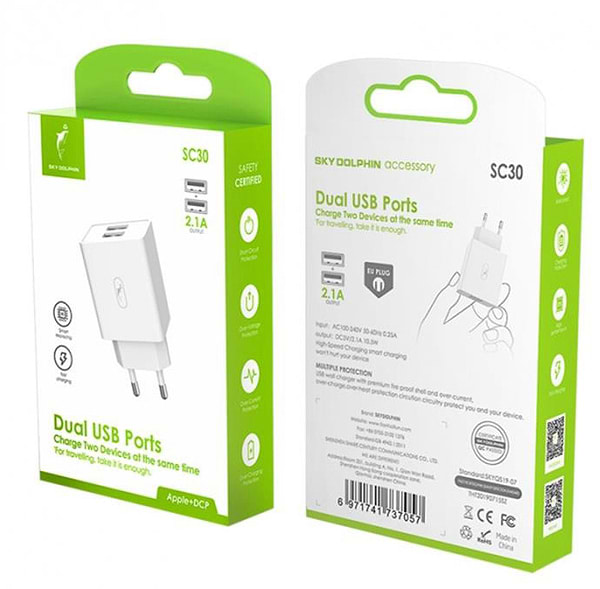 Фото - Мережевий зарядний пристрій SkyDolphin SC30 2USB, 2.1A White (SDMZP-000111)