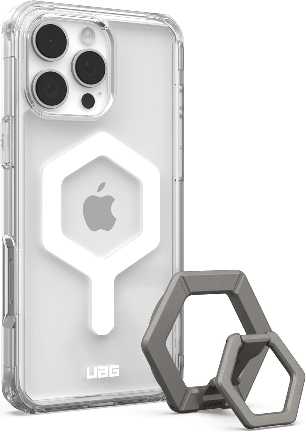 Чехол для смартфона UAG for Apple iPhone 16 Pro Max, Plyo MagSafe, Ice White/Titanium Stand + магнитное кольцо-держатель (1144811BV01) - Фото 1