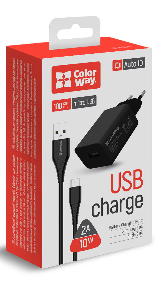 Фото - Сетевое зарядное устройство Colorway 1USB AUTO ID 2A 10W Black+ cable micro USB (CW-CHS012CM-BK)