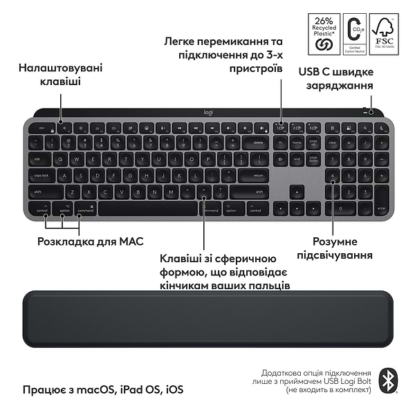 Фото - Уцінка - Клавіатура + миша бездротова Logitech MX Keys S Combo for Mac Space Grey (920-012845)