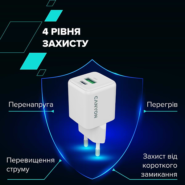 Фото - Мережевий зарядний пристрій Canyon CU20AC GaN 20W 1xPD 1xQC White (CNS-CUW20AC)