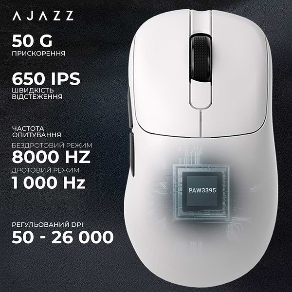 Фото - Миша бездротова ігрова Ajazz AJ179PRO -3 Mod-White-Pixart 3395-8K (AJ179-PRO-W)