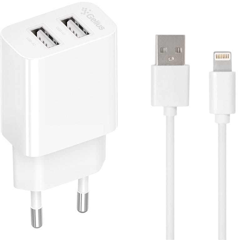 Сетевое зарядное устройство Gelius Simple GP-HC059 2USB/2.4A + кабель Lightning White (100447) - Фото 1