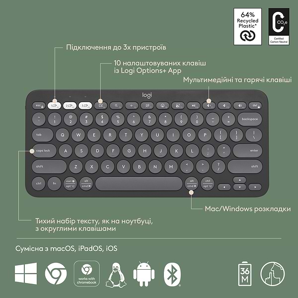 Фото - Клавіатура бездротова Logitech K380s Pebble Keys 2 Graphite Bluetooth (920-011851)