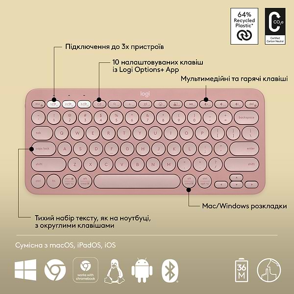 Фото - Клавиатура беспроводная Logitech K380s Pebble Keys 2 Rose Bluetooth (920-011853)