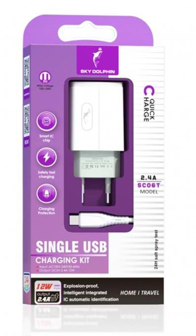 Фото - Мережевий зарядний пристрій SkyDolphin SC06T (1USBx2.4A) White (MZP-000179) + кабель USB Type-C