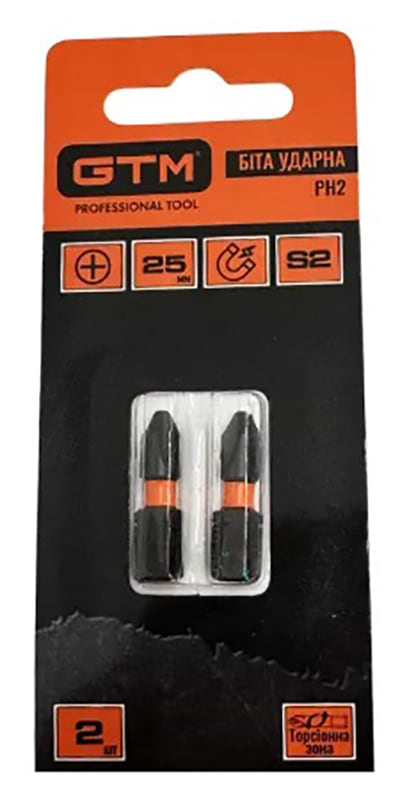 Біта для викрутки GTM PH2 25 мм 2 шт. (SBI-H2-25B)