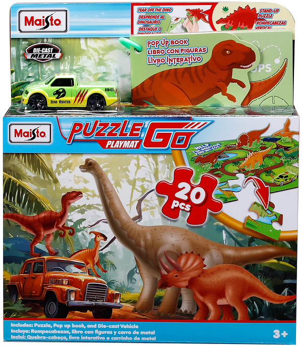 Фото - Пазли (3-4 роки) Maisto Dino Adventure 20 шт з машинкою та книжкою (12679)