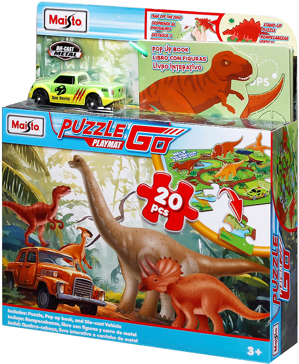 Фото - Пазли (3-4 роки) Maisto Dino Adventure 20 шт з машинкою та книжкою (12679)