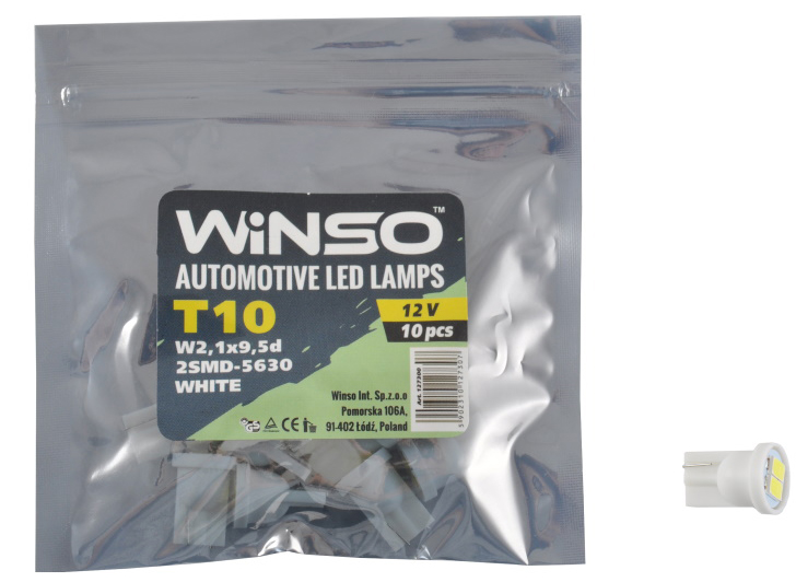 Автолампа Winso 12V SMD T10 W2.1x9.5d 2LEDS 5630 white 10 шт.уп. (127300)