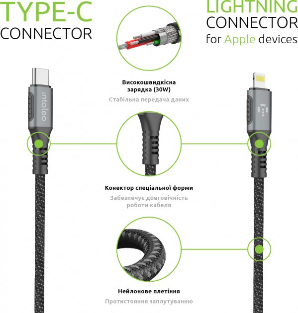 Фото - Кабель синхронізації даних Intaleo CBGPD30WTL1 USB-Lightning 1.2 м Grey (1283126518089)