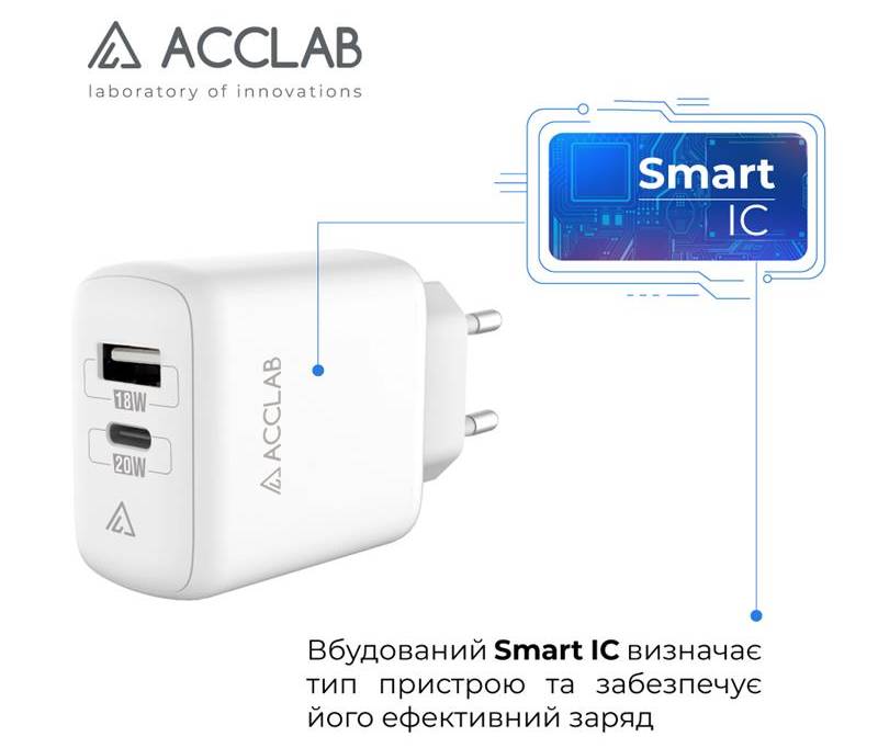Фото - Мережевий зарядний пристрій ACCLAB AL-TC220 1xUSB, 1xType-C White (1283126556494)