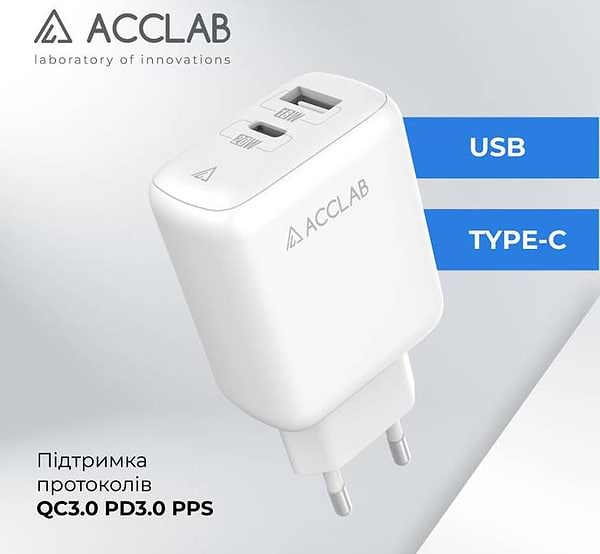 Фото - Мережевий зарядний пристрій ACCLAB AL-TC220 1xUSB, 1xType-C White (1283126556494)