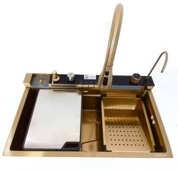 Фото - Мойка кухонная+смеситель+дозатор VALESO 75х45 PVD Gold Handmade Водоспад