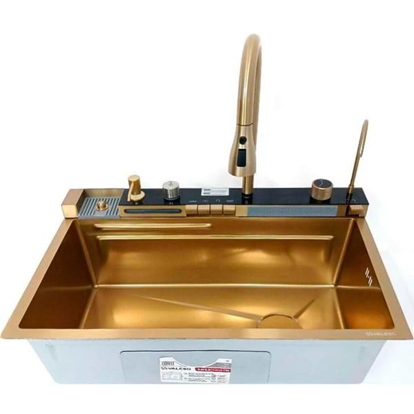 Фото - Мойка кухонная+смеситель+дозатор VALESO 75х45 PVD Gold Handmade Водоспад