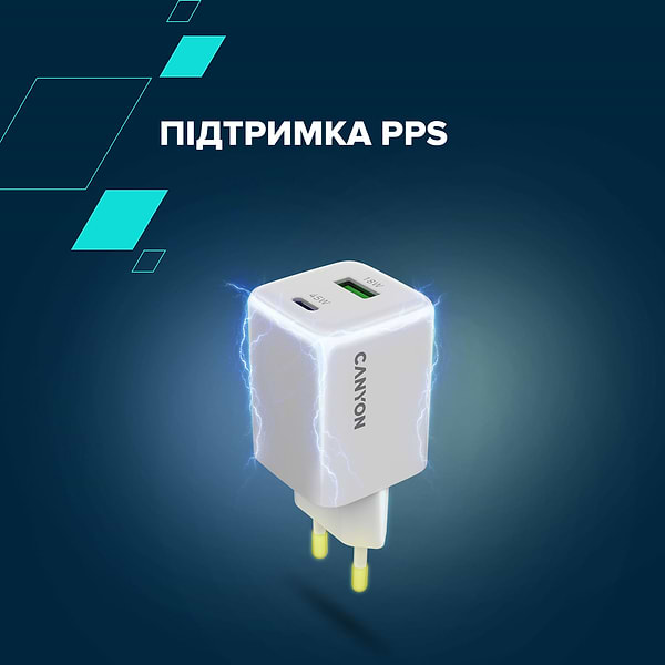 Фото - Мережевий зарядний пристрій Canyon CU45AC GaN 45W 1xPD 1xQC White (CNS-CUW45AC)