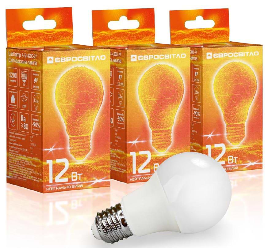 Лампочка світлодіодна Євросвітло 12Вт 4200К A-12-4200-27 Е27 3 шт. (000056872)