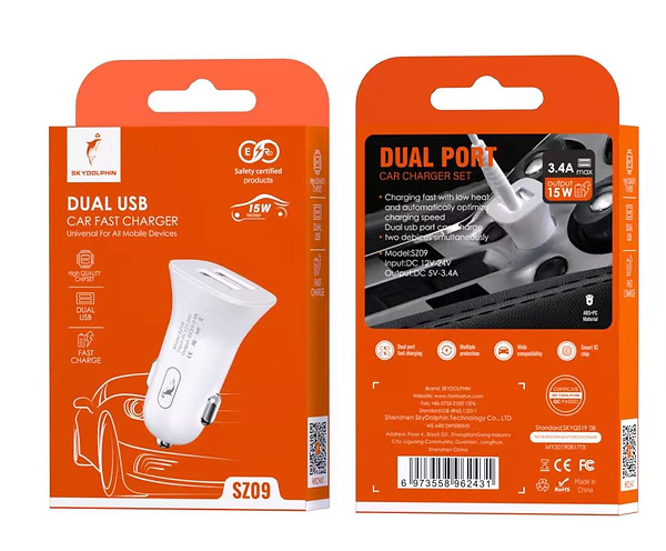 Фото - Автомобільний зарядний пристрій SkyDolphin SZ09 (2USB, 3.4A) White (AZP-000106)
