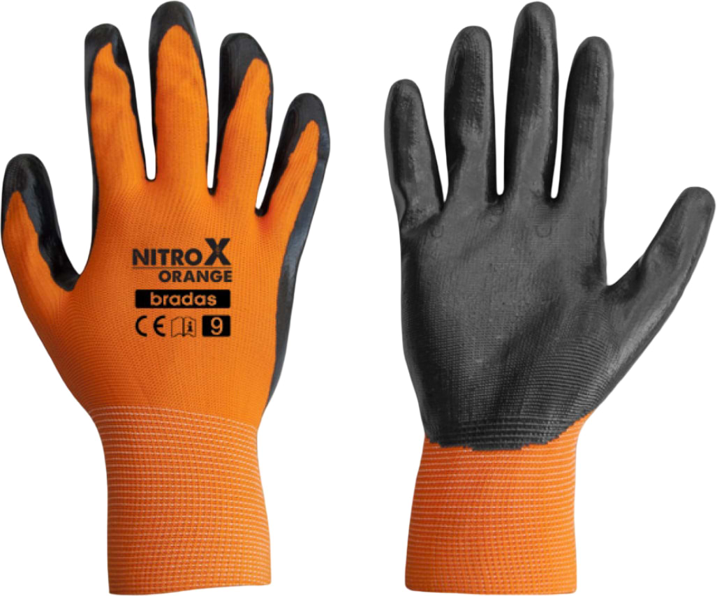 Рукавички садові BRADAS Nitrox Orange з нітриловим покриттям, розмір 10, 12 пар Чорні з оранжевим (RWNO10)