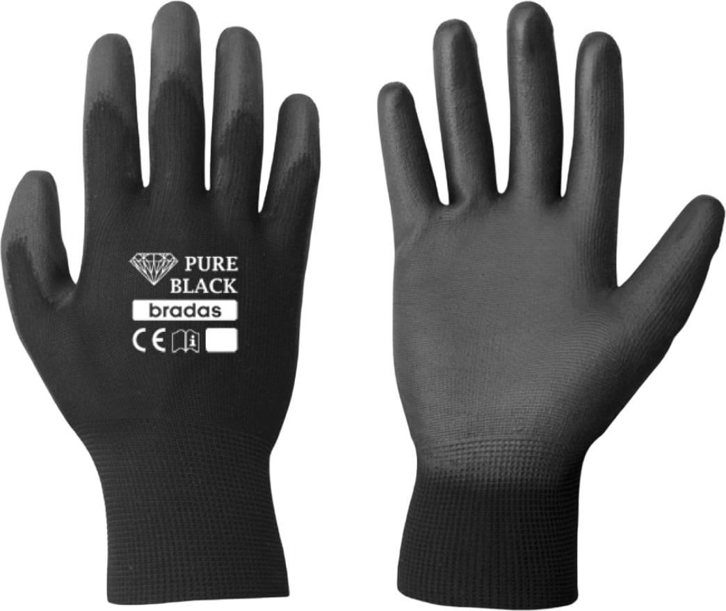 Рукавички садові BRADAS Pure Black з ПУ-покриттям розмір 7 12 пар Чорні (RWPBC7)