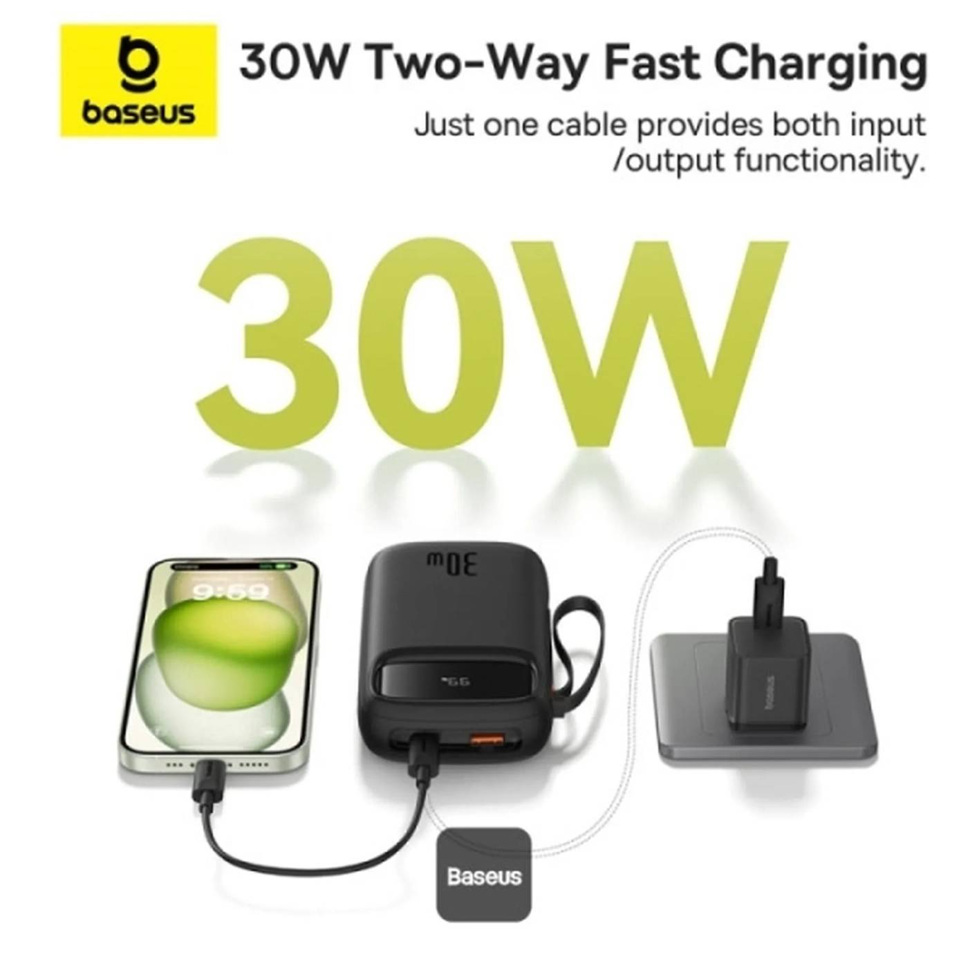 Фото - Батарея мобильная Baseus QPow2 20000mAh 30W USB-A+USB-C Built-in 2xUSB-C Cable Black (P10055009113-00)