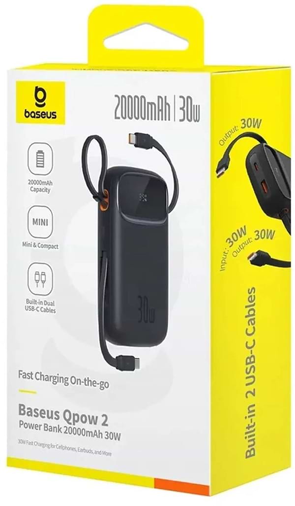 Фото - Батарея мобильная Baseus QPow2 20000mAh 30W USB-A+USB-C Built-in 2xUSB-C Cable Black (P10055009113-00)