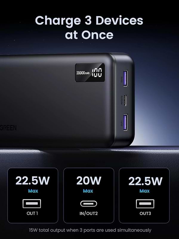 Фото - Батарея мобільна UGREEN PB312 20000mAh 20W 2xUSB-A+USB-C PD Black (25683)