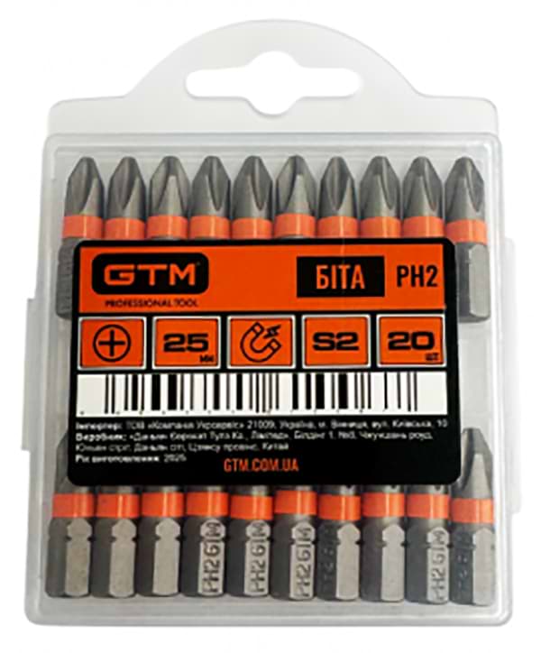 Біта для викрутки GTM PH2 25 мм 20 шт. (SB-H2-25K)