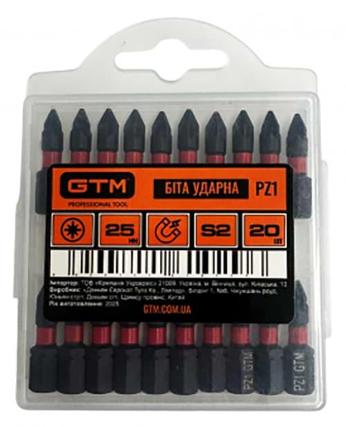 Біта для викрутки GTM PZ1 25 мм 20 шт. (SBI-Z1-25K)