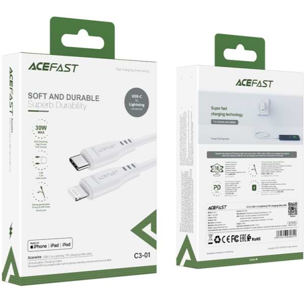 Фото - Кабель синхронизации данных AceFast USB 2.0 USB-C to Lightning, 1,2 м, 3.0A, TPE C3-01 White (6974316280811)