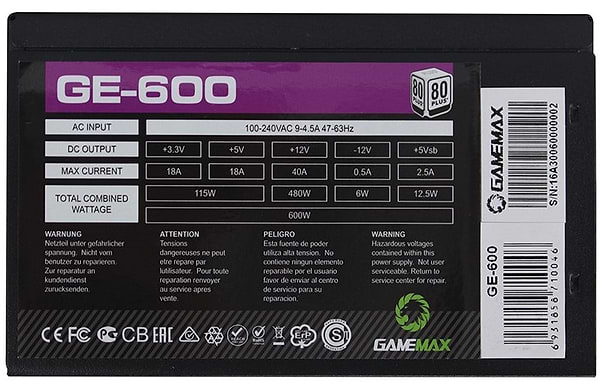 Фото - Блок питания для ПК Gamemax ATX 600W (GE-600)