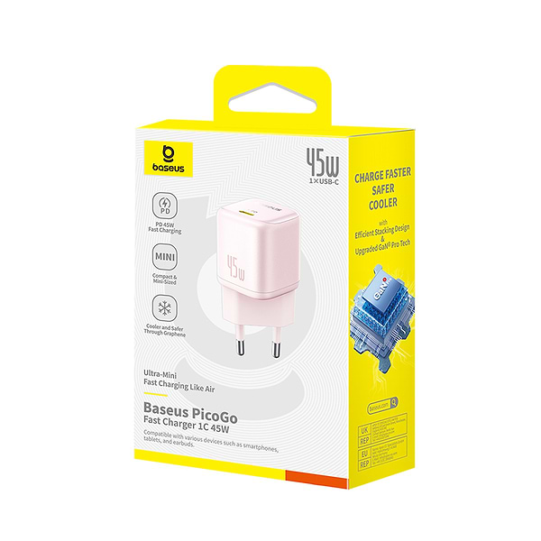 Фото - Мережевий зарядний пристрій Baseus PicoGo GaN Fast Charger 1C 45W EU Baby Pink (P10176800413-00)