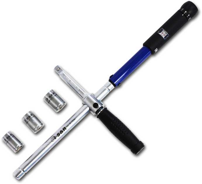 Ключ динамометрический S&R 1/2" 70-170 Нм 490 мм + головки 17,19,21 мм (465012170)