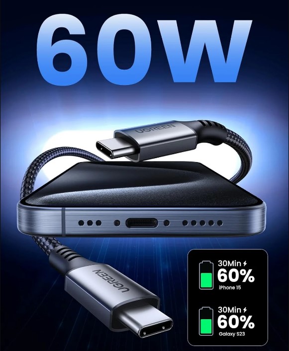 Фото - Кабель синхронізації даних UGREEN US567 USB-C to USB-C PD Fast Charging Cable 1m Black/Gray (15373)