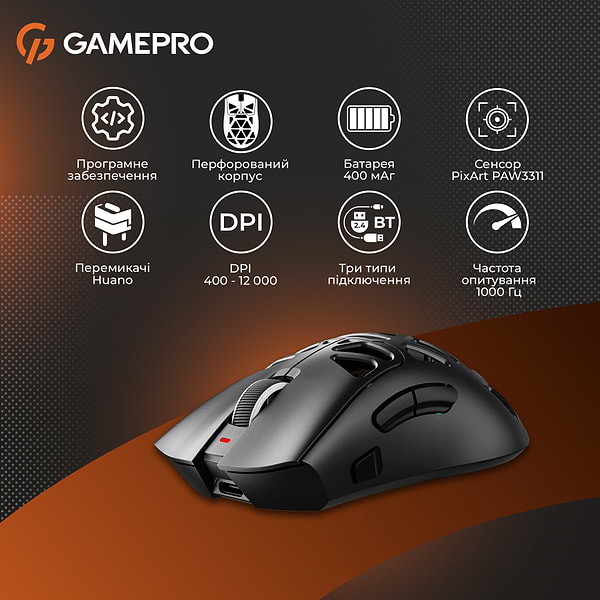 Фото - Мышь беспроводная игровая GamePro Genesis Spider Wireless/Bluetooth/USB PixArt PAW3311 Sensor Black (GM870B)