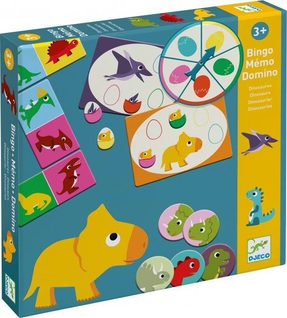 Настільна гра (3-4 роки) Djeco Набір "Динозаври" 3 в 1: бінго, мемо, доміно (DJ08132) - Фото 1
