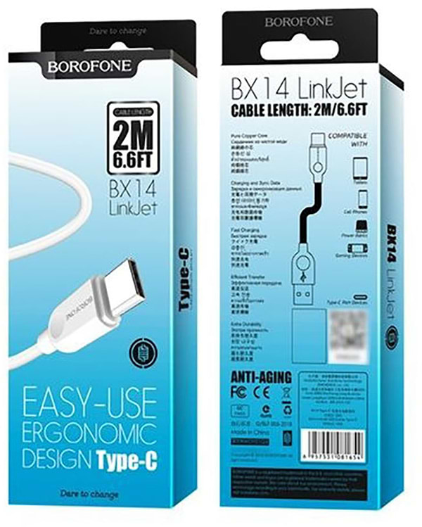 Фото - Кабель синхронізації даних BOROFONE BX14 USB to Type-C 2.4A, 2m White (6957531090021)