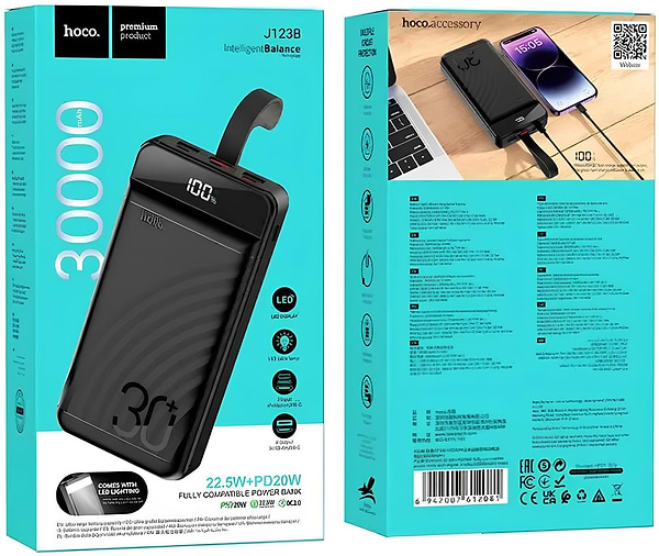 Фото - Батарея мобильная HOCO J123B Element PD20W+LCD+LED Lamp 30000 mAh Black