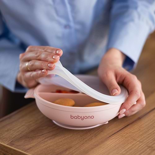 Фото - Тарілка для малюка BabyOno з присоскою та кришечкою Рожева (1661/02)