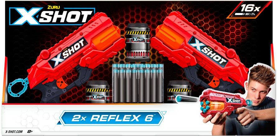 Бластер многозарядный ZURU X-Shot Red EXCEL Reflex Double (2 бластера, 3 банки, 16 патронов) (36434R)