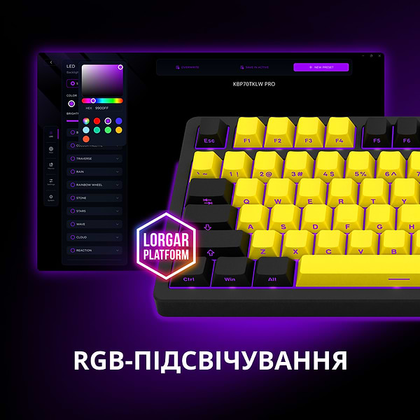Фото - Клавиатура беспроводная игровая Lorgar KBP70TKLW Wireless TKL Mechanical Pro Black-Yellow (LRG-KBP70TKLW-YL-US)