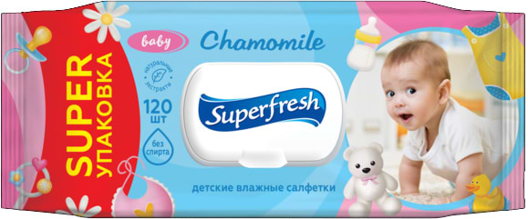 Фото - Салфетки влажные для детей Superfresh Baby chamomile с клапаном, 120 шт. (42105632)