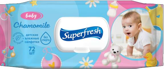 Серветки вологі для дітей Superfresh Baby chamomile з клапаном, 72 шт. (42110419) - Фото 1