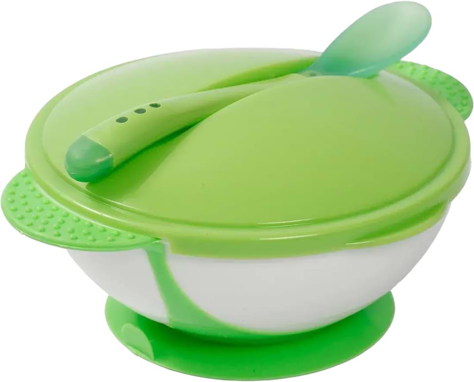 Тарілка для малюка Lindo на присосці з кришкою та термоложкою, салатова (А 50 салатовий) - Фото 1