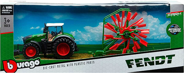 Фото - Наземная строительная техника Bburago ТРАКТОР FENDT 1050 VARIO c роторными валковыми граблями (10 cm) (18-31665)